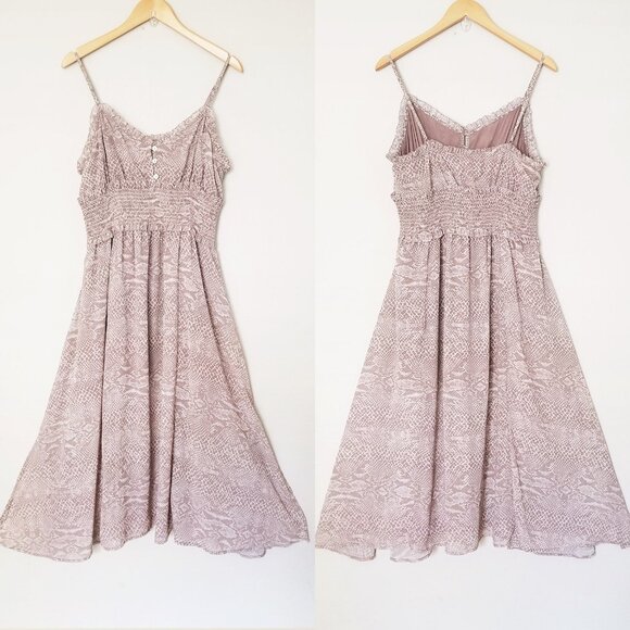 Cleobella Ruffle Trim Smocked Waist Midi Dress L Sleeveless Python Snake Slits - Picture 13 of 14